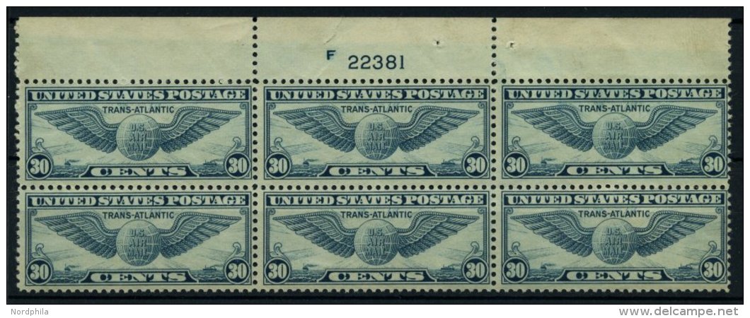 USA 450 *,** , Scott C 24, 1939, 30 C. Transatlantikflug New York-Marseille Im Sechserblock Mit Plattennummer, Oben Klei - Used Stamps