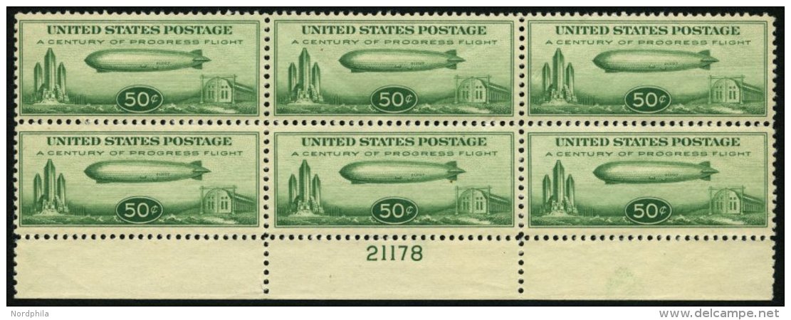 USA **, Scott C 18, 1933, 50 C. Chicagofahrt, Im Postfrischen Sechserblock Vom Unterrand Mit Plattennummer 21178, Unrege - Gebraucht