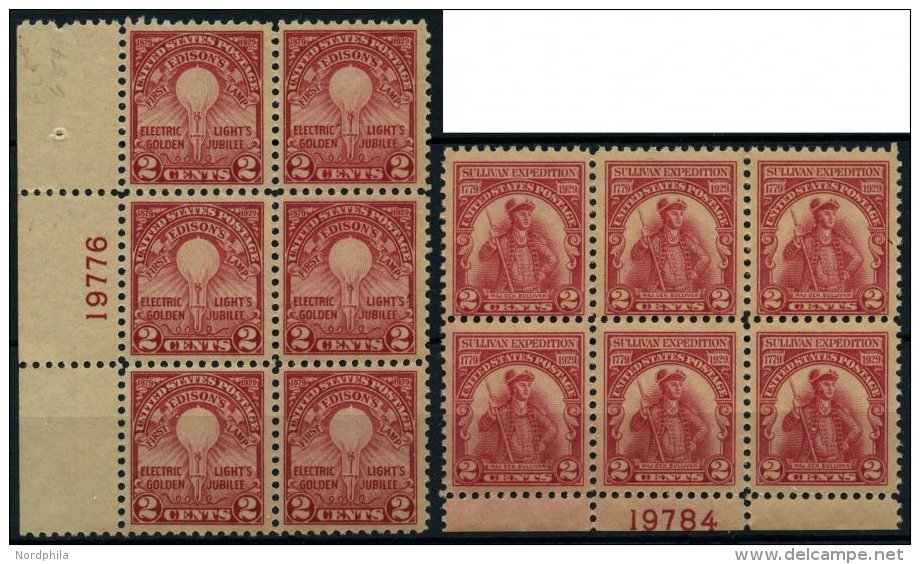 USA 317A,318 **, Scott 654/5, 1929, 2 C. Edison Und Sullivan, Je In Postfrischen Sechserblock Mit Plattennummer, Pracht, - Used Stamps