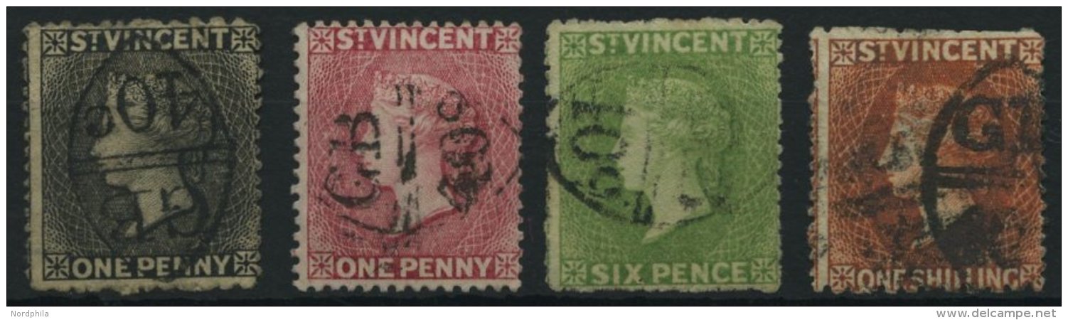 ST. VINCENT 8,13,11cX,32d O, 1871-86, 1 P. Grauschwarz, 1 Sh. Rotorange, 6 P. Gelbgr&uuml;n, Wz. Stehend Und 1 P. Rosa, - St.Vincent (...-1979)