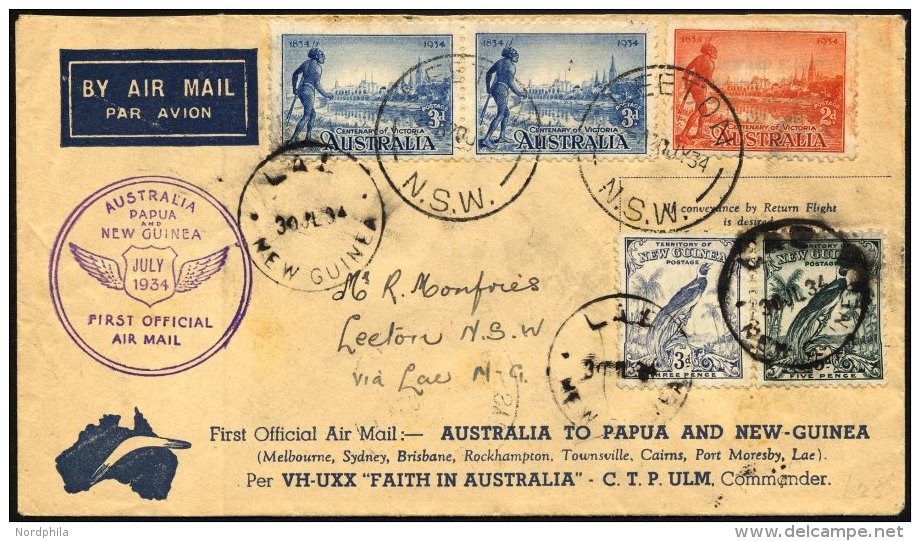 NEUGUINEA 30.7.1934, Erstflug SYDNEY-LAE (R&uuml;ckflug), Mischfrankatur Mit Australien-Marken, Brief Feinst - Papua-Neuguinea