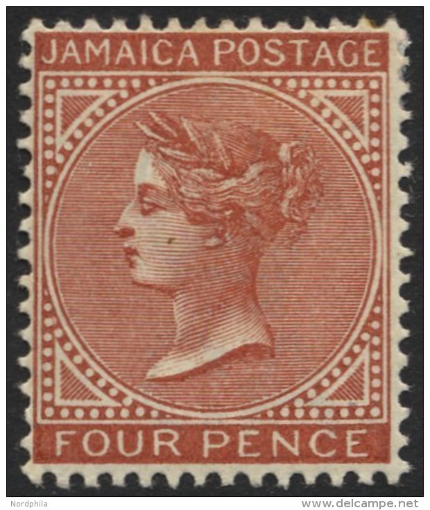 JAMAIKA 18 *, 1883, 4 P. Br&auml;unlichrot, Wz. CA Einfach, Falzrest, Pracht, Mi. 500.- - Jamaica (...-1961)