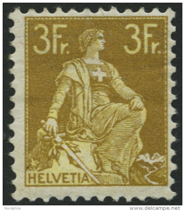 SCHWEIZ BUNDESPOST 110 *, 1908, 3 Fr. Schw&auml;rzlichgraugelb/mattgelb, Falzreste, Feinst, Mi. 320.- - Gebraucht