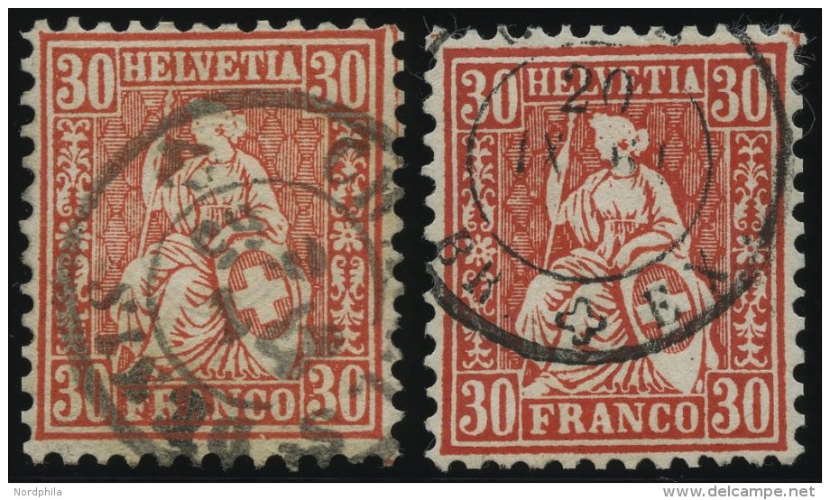 SCHWEIZ BUNDESPOST 25a,b O, 1862, 30 C. Zinnober Und Zinnoberrot, 2 Prachtwerte, Mi. 90.- - Used Stamps