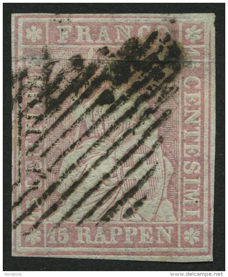 SCHWEIZ BUNDESPOST 15IIAzm O, 1857, 15 Rp. Rosa, Berner Druck II,(Zst. 24F), Teils Etwas Fette Raute, Breitrandig Pracht - Other & Unclassified