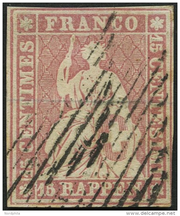 SCHWEIZ BUNDESPOST 15IIByp O, 1857, 15 Rp. Rosa, Blauer Seidenfaden, Berner Druck II, (Zst. 24Db), Fast Vollrandig, Prac - Used Stamps