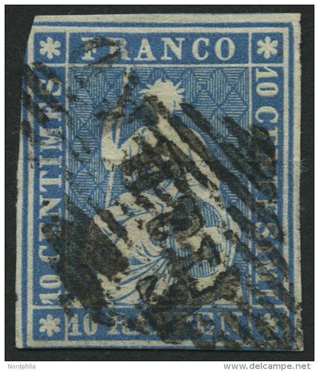 SCHWEIZ BUNDESPOST 14Ia O, 1854, Erstauflage: 10 Rp. Preu&szlig;ischblau, 1. M&uuml;nchner Druck, (Zst. 23Aa), Mit Schwa - Gebraucht