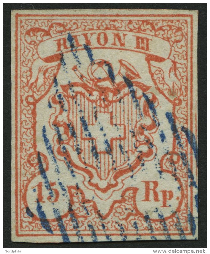 SCHWEIZ BUNDESPOST 10 O, 1852, 15 Rp. Kleine Ziffer, Type 4, Blaue Raute, Leichte Waagerechte Bugspur Sonst Pracht, Mi. - Sonstige & Ohne Zuordnung