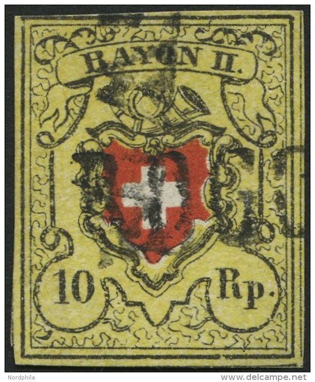 SCHWEIZ BUNDESPOST 8II O, 1850, 10 Rp. Schwarz/rot Auf Gelb, Type 39, Druckstein E (LU), L1 ROGG(WIL), Pracht - 1843-1852 Kantonalmarken Und Bundesmarken