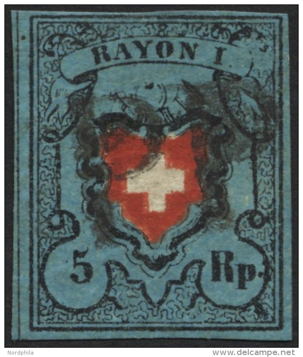 SCHWEIZ BUNDESPOST 7IIDDII O, 1850, 5 Rp. Schwarz/zinnoberrot Auf Blau, Ohne Kreuzeinfassung, Doppelter Rotdruck Des Wap - 1843-1852 Kantonalmarken Und Bundesmarken