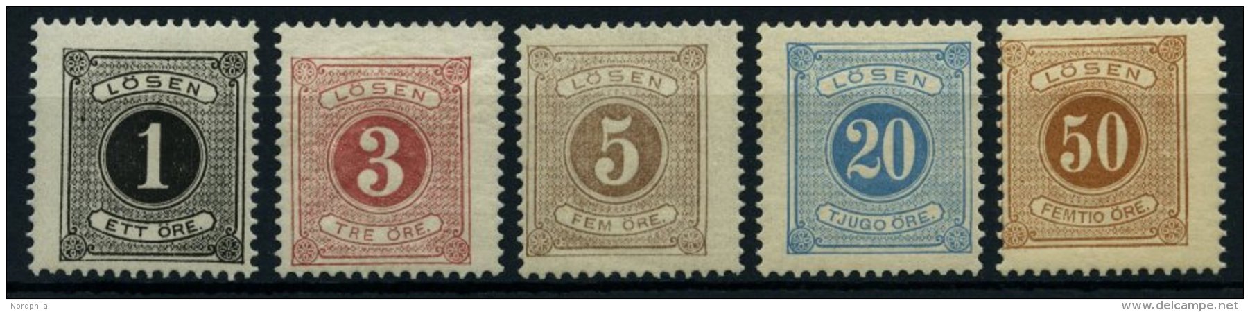 PORTOMARKEN P 1-3,6,9B **, 1877, 1-5, 20 Und 50 &Ouml; L&ouml;sen, Gez&auml;hnt 13, 5 Postfrische Werte, Pracht - Used Stamps