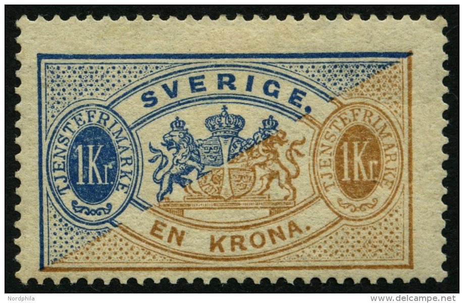 DIENSTMARKEN D 11Ba *, 1881, 1 Kr. Blau/braun, Gez&auml;hnt 13, (Facit Tj 24Ae), Falzrest, Pracht, Mi. 600.- - Dienstmarken