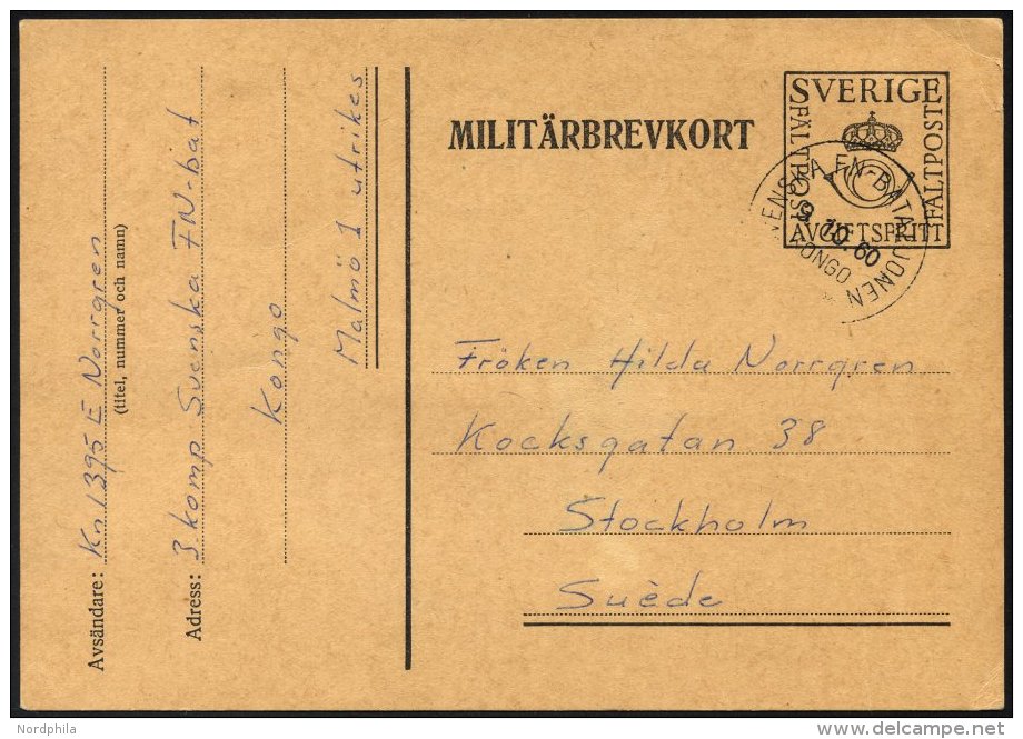 SCHWEDEN 1960, K1 SVENSKA FN-BATAILONEN/KONGO Auf Feldpost-Vordruckkarte Des Schwedischen UN-Kontingentes Aus Dem Kongo, - Gebraucht