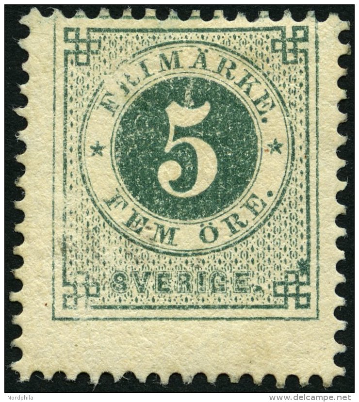 SCHWEDEN 19B *, 1877, 5 &Ouml;. Gr&uuml;n, Gez&auml;hnt K 13, Falzreste, Pracht, Mi. 130.- - Gebraucht