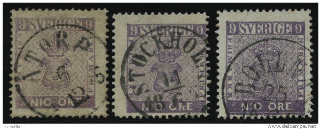 SCHWEDEN 8 O, 1858, 9 &Ouml;. Violett, 3 Werte In Farbnuancen, Unterschiedliche Erhaltung - Gebraucht