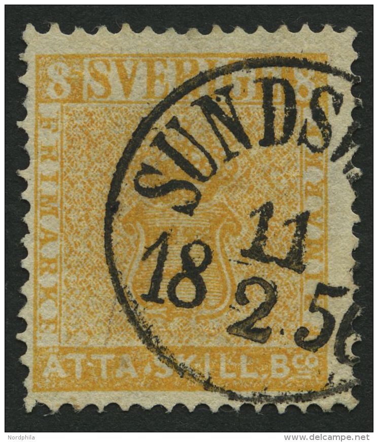 SCHWEDEN 4 O, 1855, 8 Skill. Bco. Orangegelb, K1 SUNDSWALL, Normale Z&auml;hnung, Pracht, Signiert Sj&ouml;man, Mi. 700. - Gebraucht