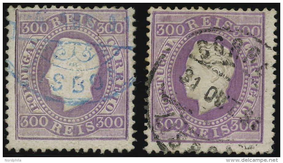 PORTUGAL 45yB,C O, 1875, 300 R. Violett, Gestrichenes Papier, Beide Z&auml;hnungen, 2 Prachtwerte, Mi. 100.- - Gebraucht