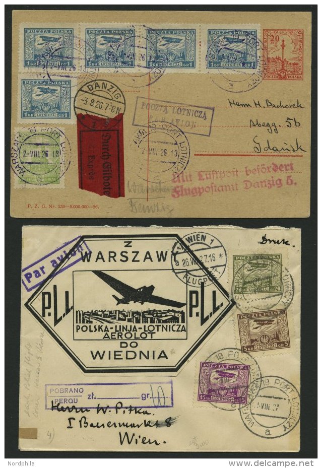 POLEN 224,227-29 BRIEF, 1924-27, 3 Verschiedene Flugpostbelege, U.a. Eil-Postkarte Nach Danzig, Feinst/Pracht - Sonstige & Ohne Zuordnung