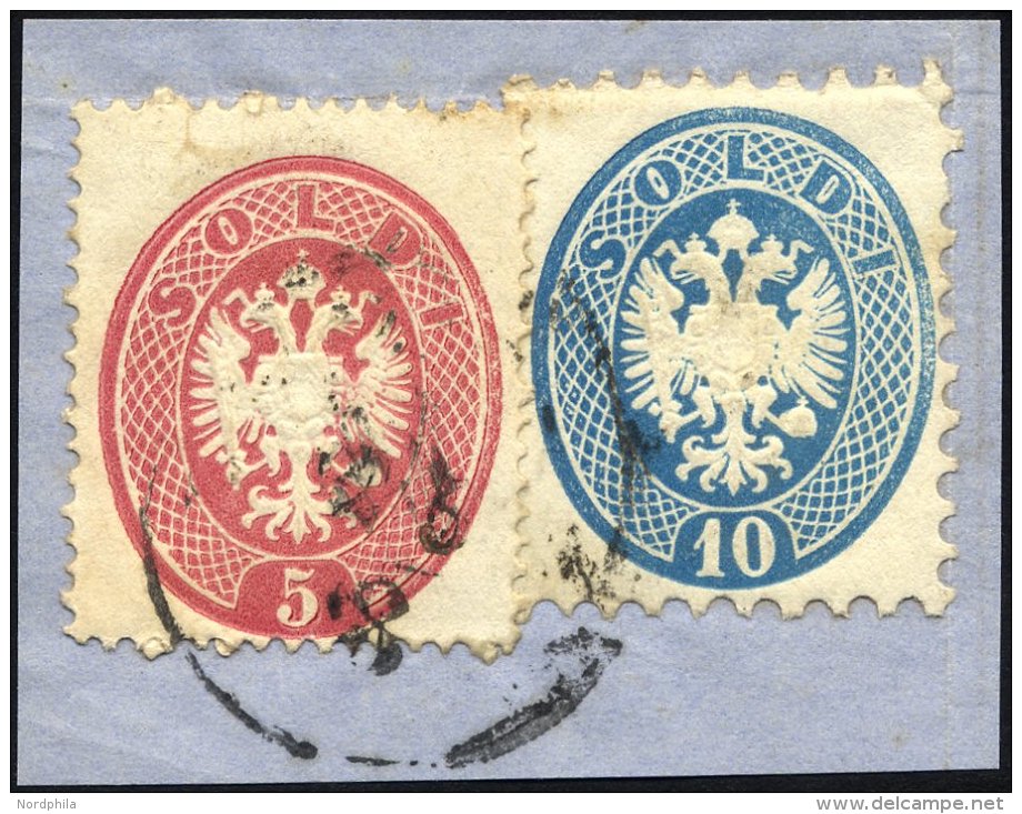 LOMBARDEI UND VENETIEN 16,22 BrfStk, Mischfrankatur: 1863, 5 So. Rosa Und 10 So. Blau Auf Briefst&uuml;ck, Pracht - Lombardy-Venetia