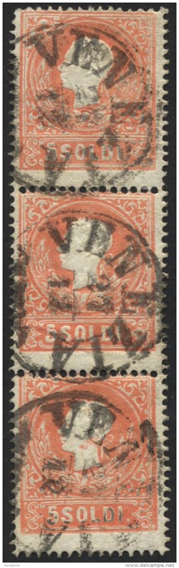 LOMBARDEI UND VENETIEN 9I O, 1858, 5 So. Rot, Type I, Im Senkrechten Dreierstreifen, K1 VENEZIA, Untere Marke Angetrennt - Lombardo-Vénétie