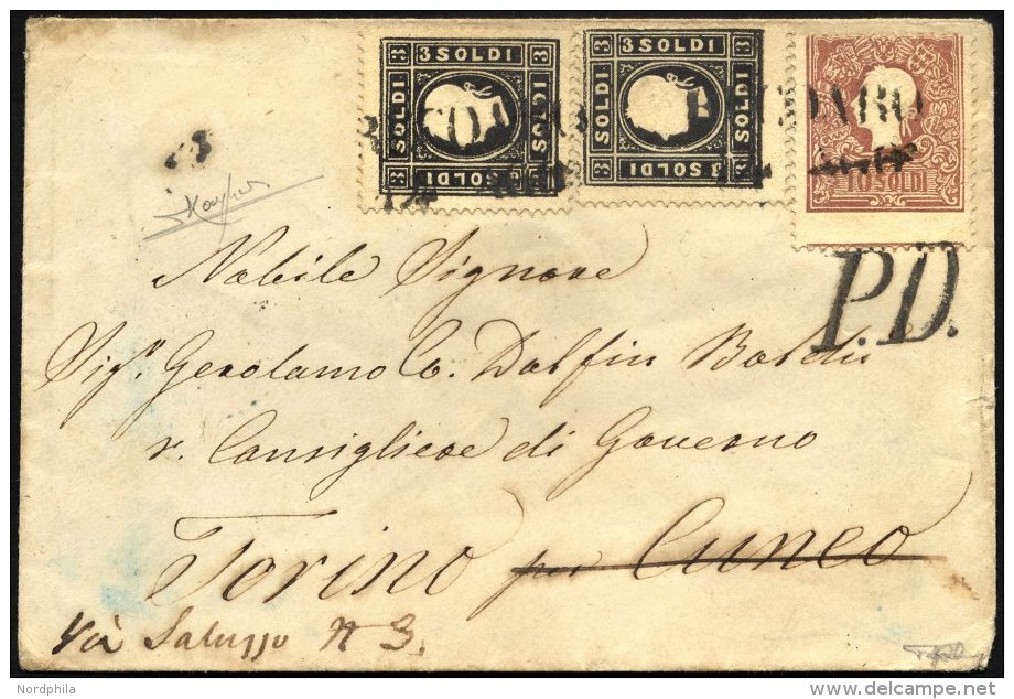 LOMBARDEI UND VENETIEN 7IIa,10II BRIEF, 1858, 3 So. Schwarz Und 10 So. Lilabraun, Type II, Auf Kleinem Brief Von RECOARO - Lombardo-Vénétie