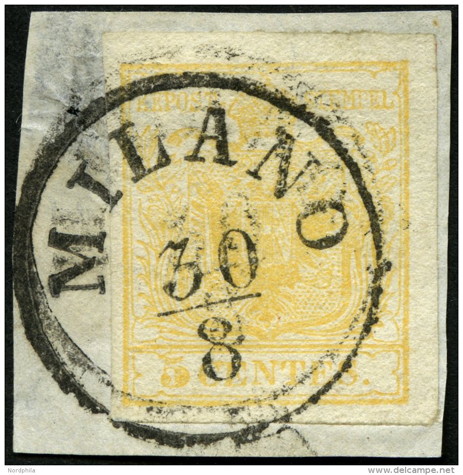 LOMBARDEI UND VENETIEN 1Xa BrfStk, 1850, 5 C. Ockergelb, Handpapier, K1 MILANO, Fotobefund Dr. Ferchenbauer - Used Stamps