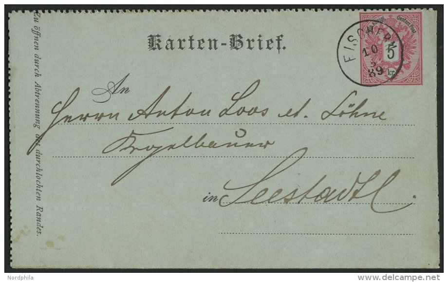 GANZSACHEN K 8 BRIEF, 1889, 5 Kr. Rosa, Kartenbrief (deutsch) Mit K1 FISCHERN Nach Seestadt, Pracht - Sonstige & Ohne Zuordnung