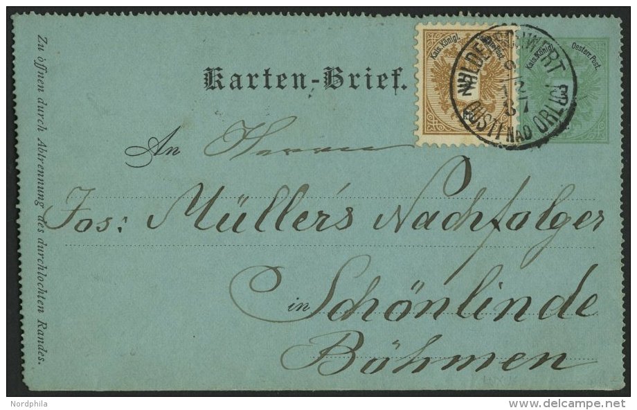 GANZSACHEN K 1a,44 BRIEF, 1887, 3 Kr. Gr&uuml;n, Kartenbrief (deutsch), Gr&uuml;n, Mit Zusatzfrankatur 2 Kr. Doppeladler - Sonstige & Ohne Zuordnung