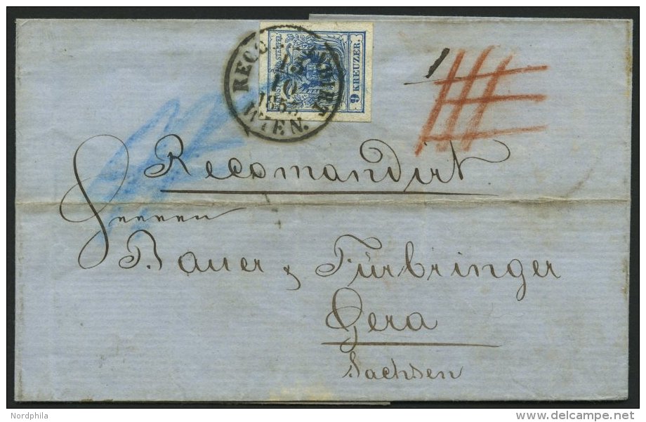 STERREICH 5X BRIEF, 1853, 9 Kr. Blau, Handpapier, Type IIIb, K1 RECOMMANDIRT WIEN, R&uuml;ckseitig 6 Kr Mit Reg-Bug, Pra - Sonstige & Ohne Zuordnung