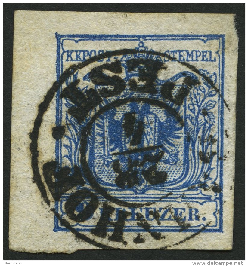 STERREICH 5X O, 1850, 9 Kr. Blau, Handpapier, Linkes Randst&uuml;ck, K2 BAHNHOF PEST, Pracht - Sonstige & Ohne Zuordnung