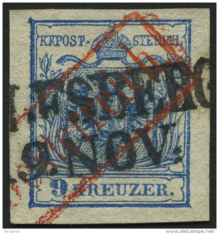 STERREICH 5X O, 1850, 9 Kr. Blau, Handpapier, Type IIIa, L2 Und Roter R1 Aus &Ouml;sterreich, Pracht, R! - Other & Unclassified