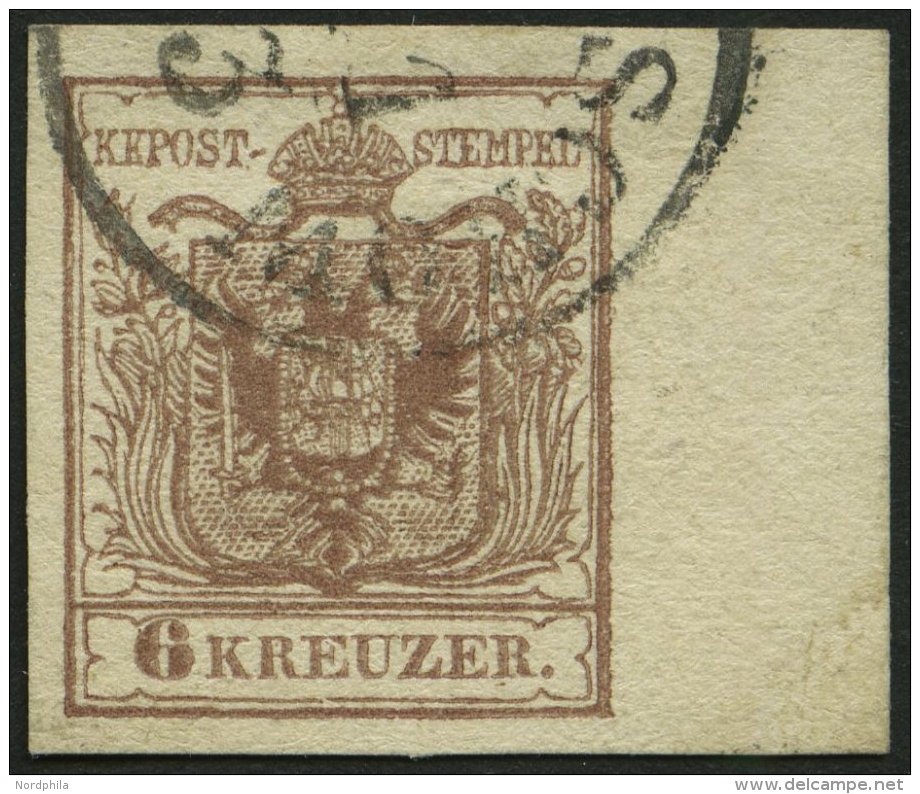 STERREICH 4Y O, 1854, 6 Kr. Braun, Maschinenpapier, Type III, Randst&uuml;ck Rechts 9 Mm, K1, Pracht - Sonstige & Ohne Zuordnung