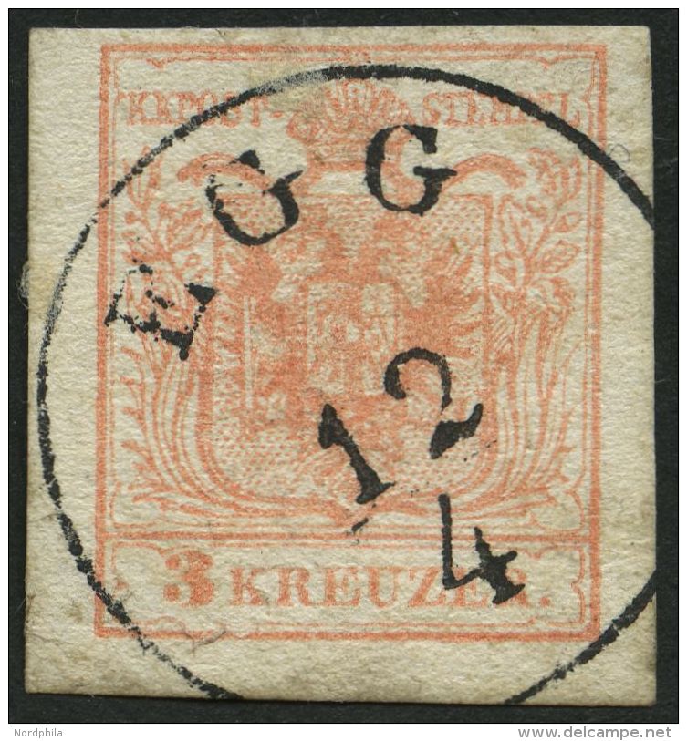 STERREICH 3Y O, 1854, 3 Kr. Rot, Maschinenpapier, Type IIIa, Venetien K1 EGG, Pracht - Sonstige & Ohne Zuordnung