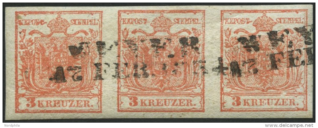 STERREICH 3Y O, 1854, 3 Kr. Rot, Maschinenpapier, Im Waagerechten Dreierstreifen, Mit Plattenfehler Innenrahmen Durchbro - Gebraucht