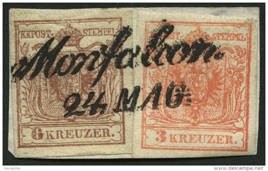 STERREICH 3/4X BrfStk, 1850, 3 Kr. Rot Und 6 Kr. Braun, Handpapier, L2 MONFALCONE Auf Knappem Briefst&uuml;ck, Pracht - Other & Unclassified