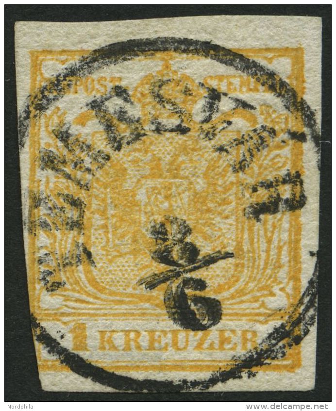 STERREICH 1Xb O, 1850, 1 Kr. Orange, Handpapier, Type I, Zentrischer K1 TEMESVAR, Links Unten Angeschnitten Sonst Pracht - Gebraucht