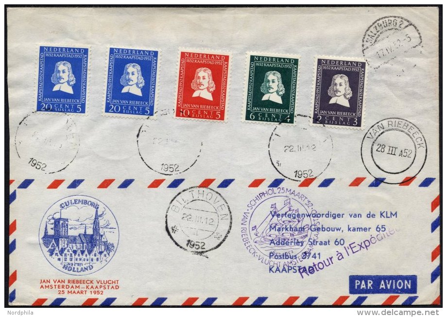 NIEDERLANDE 583-86 BRIEF, 25.3.52, Jan Van Riebeeck-Flug AMSTERDAM-KAPSTADT Und Zur&uuml;ck, R&uuml;ckseite Mit Bunter S - Niederlande