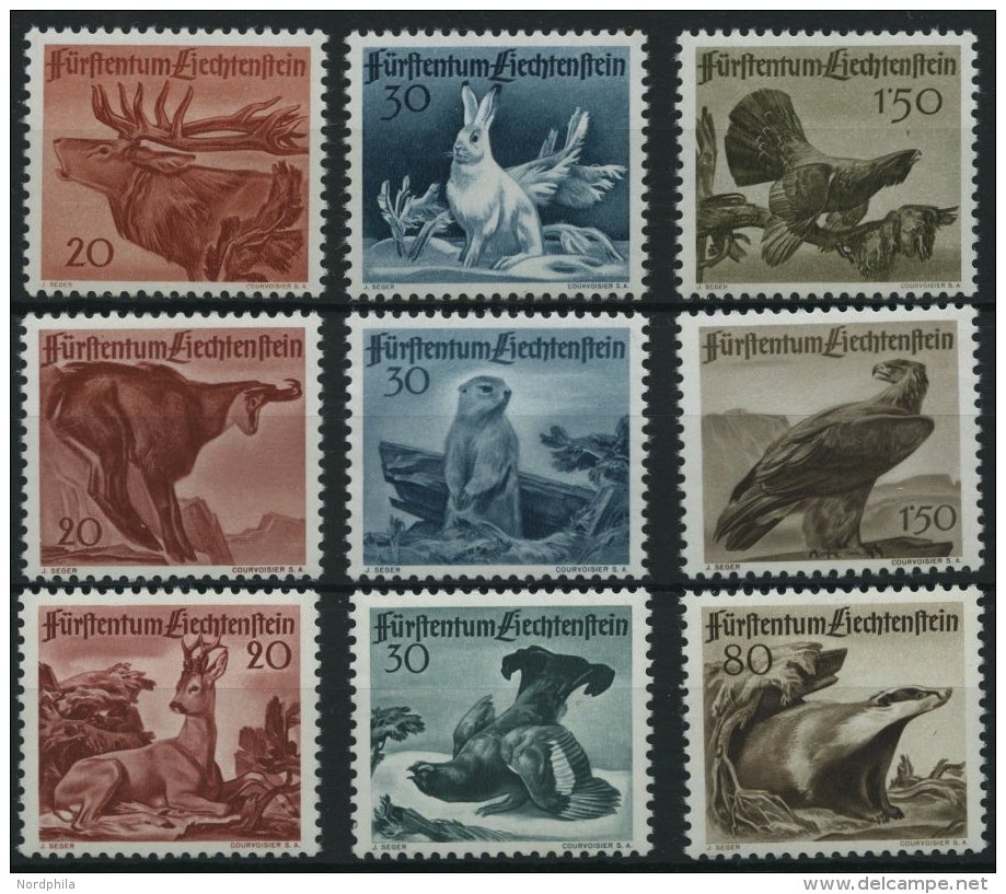 LIECHTENSTEIN ** , 1946-59, Jagd (Mi.Nr. 249-51,253-55,285-87), 3 Prachts&auml;tze, Mi. 145.- - Autres & Non Classés