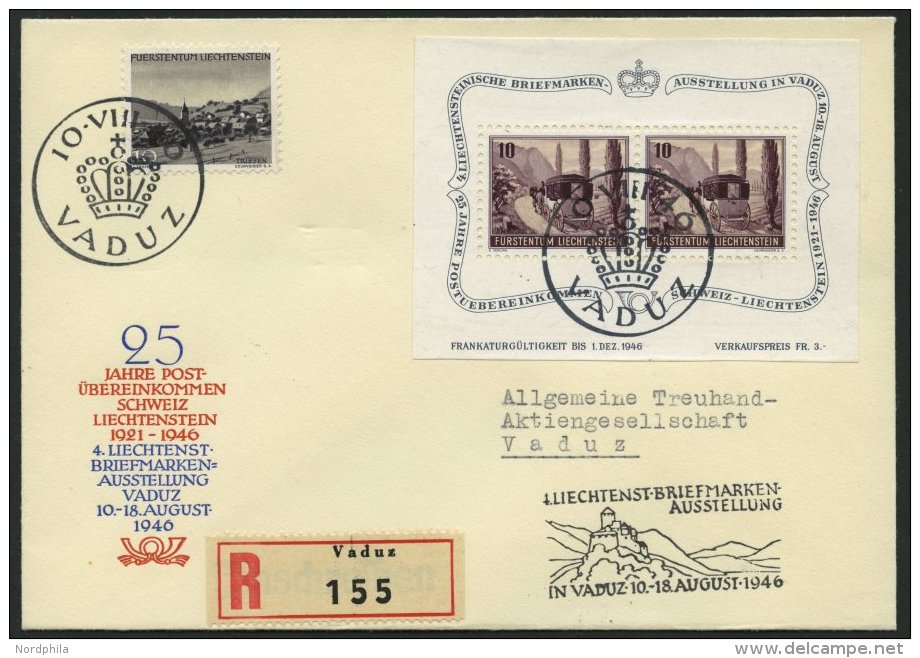 LIECHTENSTEIN Bl. 4 BRIEF, 1946, Block Vaduz Auf FDC Mit Sonderstempel VADUZ, Einschreibbrief, Pracht, Mi. 85.- - Autres & Non Classés