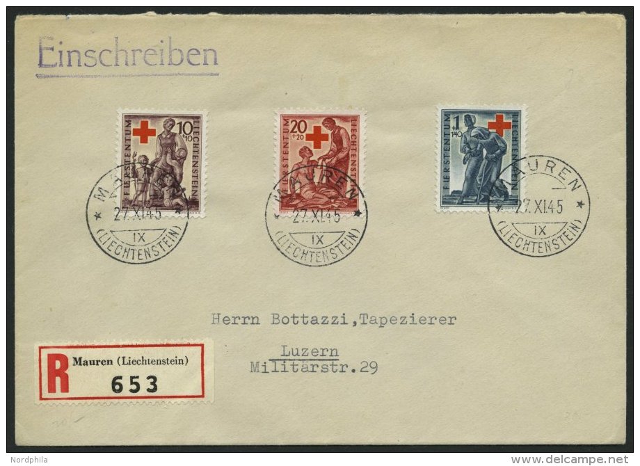 LIECHTENSTEIN 244-46 BRIEF, 1945, Rotes Kreuz Auf FDC, Einschreibbrief Nach Luzern, Pracht, Mi. 85.- - Autres & Non Classés