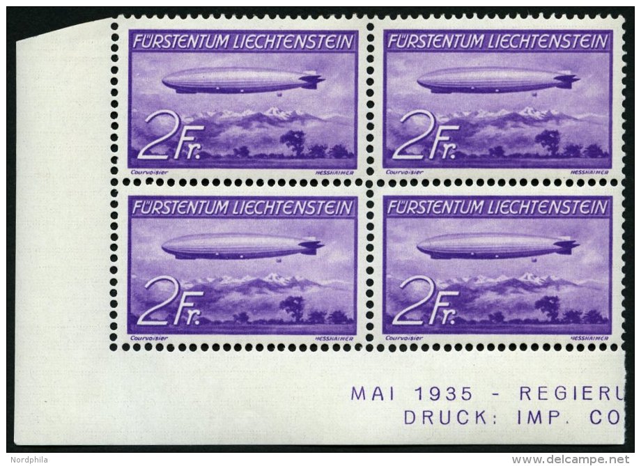 LIECHTENSTEIN 150 VB **, 1936, 2 Fr. Graf Zeppelin Im Unteren Linken Eckrandviererblock, Pracht, Mi. (380.-) - Sonstige & Ohne Zuordnung