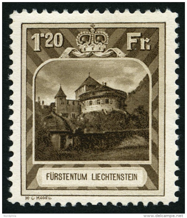 LIECHTENSTEIN 105B *, 1930, 1.20 Fr. Burg Vaduz, Gez&auml;hnt L 111/2, Pracht - Sonstige & Ohne Zuordnung