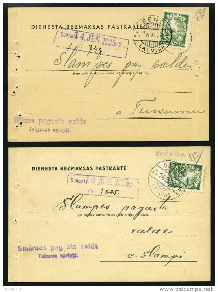 LETTLAND DP BRIEF, 1935, Portofreie Dienstpostkarten, Druckereivermerke: Riga Nr. 32a Und Riga Nr. 1223 (!), Frankiert M - Lettland