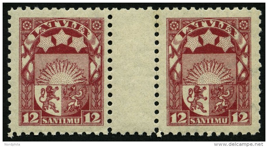 LETTLAND 94ZW **, 1923, 12 S. Rotlila Im Waagerechten Zwischenstegpaar, Pracht - Lettland