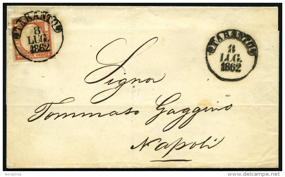 ITALIEN 5d BRIEF, 1862, 5 Gr. Ziegelrot (Sassone Nr. 21a) Auf Brief Von TARANTO Nach Neapel, Pracht, Gepr. Newiger - Italien