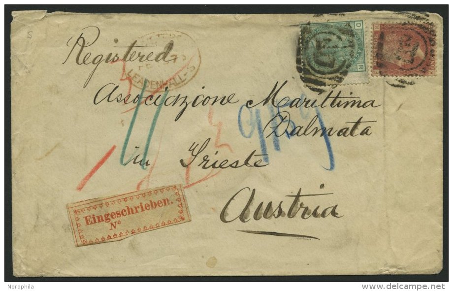 GROSSBRITANNIEN 16,46 BRIEF, 1875, 1 P. Rosa Und 1 Sh. Gr&uuml;n Auf Transitbrief Nach &Ouml;sterreich Mit R-Vorl&auml;u - Sonstige & Ohne Zuordnung