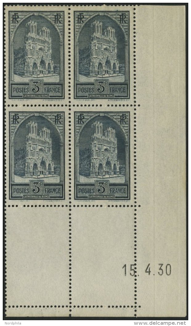 FRANKREICH 256I VB **, 1930, 3 Fr. Kathedrale Von Reims, Type I, Im Eckrandviererblock Mit Druckdatum: 15.4.30, Pracht, - Sonstige & Ohne Zuordnung