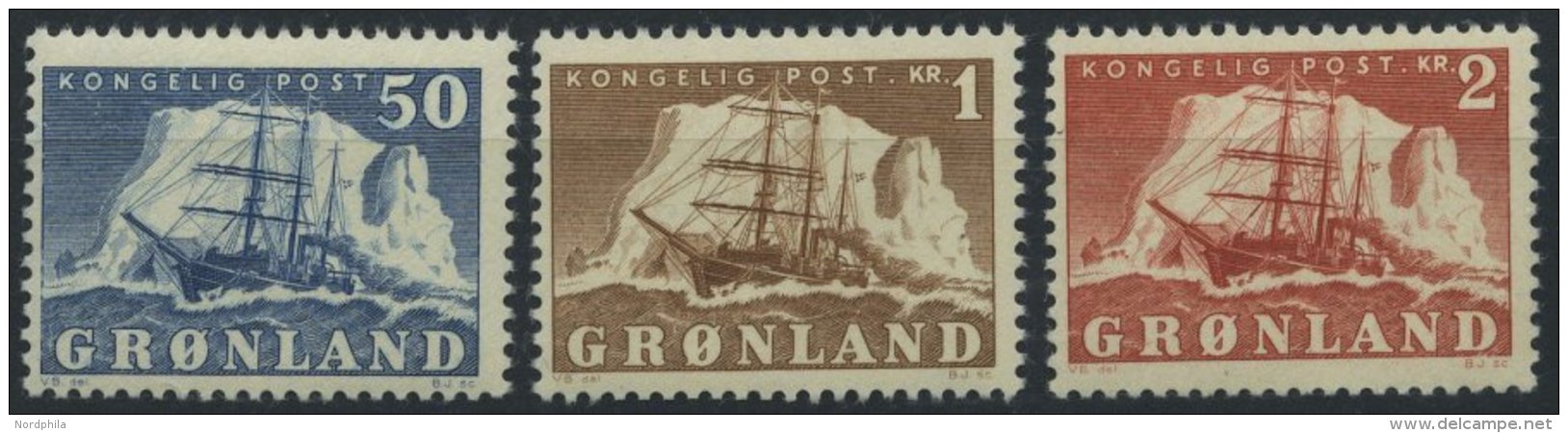 GR&Ouml;NLAND - D&Auml;NISCHE POST 34-36 **, 1850, 50 &Oslash; - 2 Kr. Arktisschiffe, 3 Prachtwerte, Mi. 98.- - Sonstige & Ohne Zuordnung