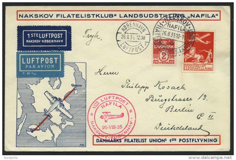 ERSTFL&Uuml;GE 26.8.1935, Nakshov-Kopenhagen, NAFILA, Sonderumschlag, Frankiert Mit Mi.Nr. 145 - Sonstige & Ohne Zuordnung