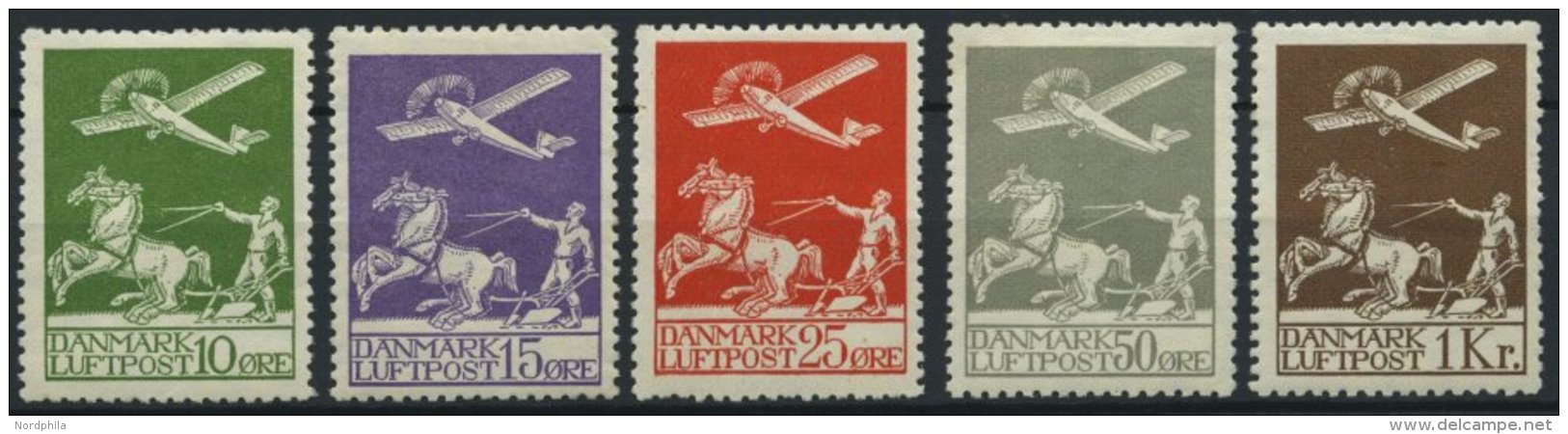 D&Auml;NEMARK 143-45,180/1 *, 1925/9, Flugpost, Falzreste, 5 Werte &uuml;blich Gez&auml;hnt Pracht - Used Stamps